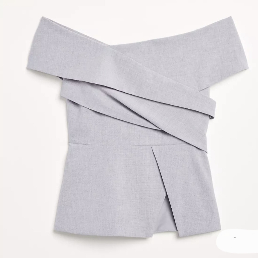 LOFT Light Gray Off-Shoulder Wrapped Peplum Top